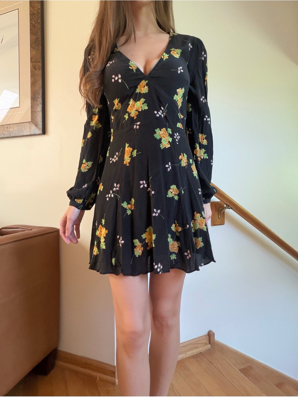 Realisation Par Black Mini Dress with Yellow Floral Print